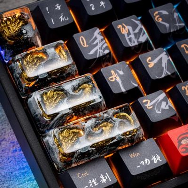 Black Gold Ancient Dragon Shen Long Mytho Creatures Custom Keycaps Handmade High Quality Unique Personalized Mechanical Keycaps Collectible