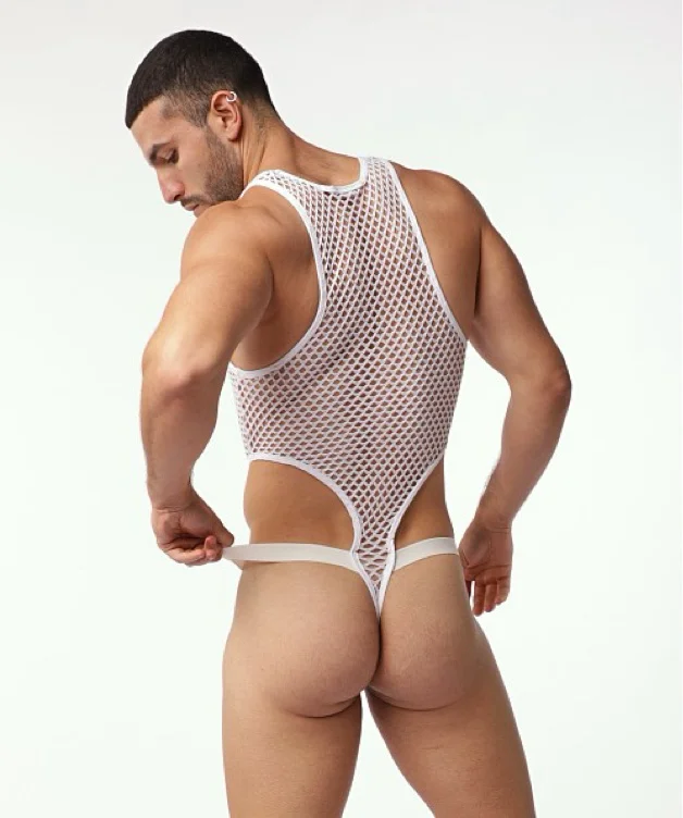 Rick Majors Chrome Foil Mesh Bodysuit w/ C-Ring Strap White