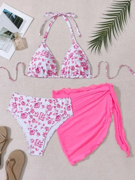 Swim Mod Plus Size Women's 3pcs Bikini Set, Random Print, Simple Style For Daily Wear Summer Beach