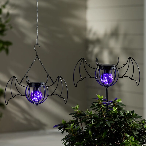 Black Metal Bat Fairy Light Solar LED Lantern Yard Stake