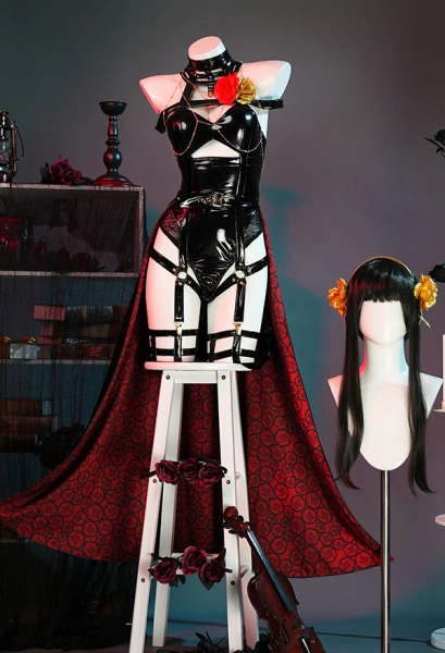 Halloween Sexy Lingerie Set Yor Derivative Bandage Bodysuit with Waist Cloak and Stockings Flowers Clip Exclusive