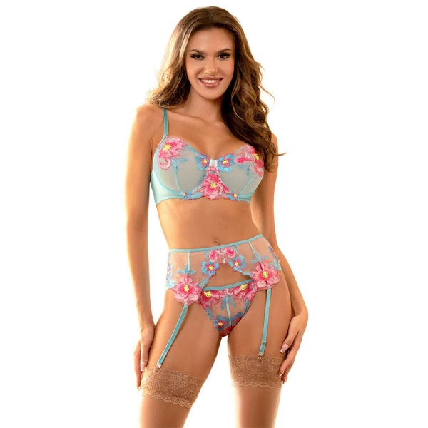 SUBBLIME - 957643 FLOWER EMBROIDERED BRA AND GARTER BELT SET PINK S/M - S/M