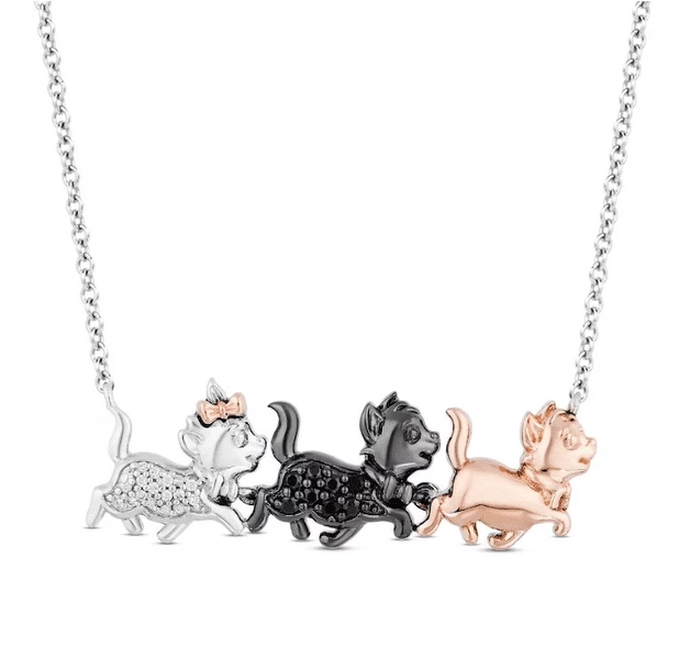 Round Black & White Diamond Cute Aristocats Necklace Charm Pendant Necklace 14K Three-Tone Yellow Gold Finish 925 Sterling Silver Cat Pendant