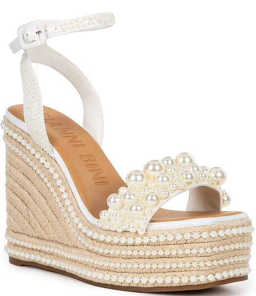 Gianni Bini Savanna Pearl Ornamented Woven Platform Wedge Sandals