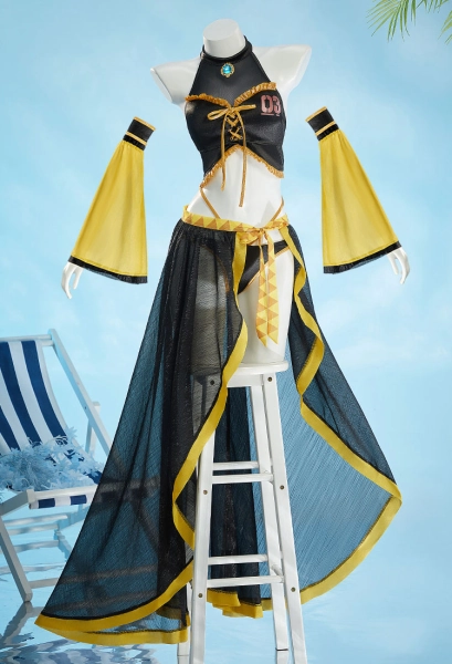 Luka Derivative Two-piece Swimsuit Halter Top and Bottom with Wrap Skirt and Sleeves