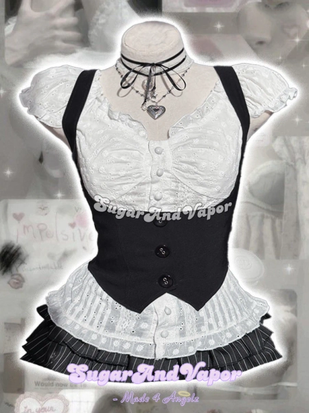 Marcelline Black Vest & Oveline White Blouse Top Set - Black+White / S
