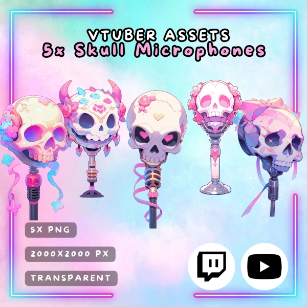 5x Vtuber Skeleton Microphones | Cute | Kawaii | Pink | Glossy | Digital Assets | Digital Download | Stream Decoration