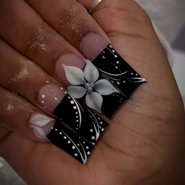 10pcs Set of Reusable Hand-applied Press-on Nails, Featuring a Simple and Elegant Rectangular Nail Shape. Adorned with a Nude Pink Base Color Paired with Black and White French-style Tips, Complemented by Three-dimensional White Petals and Polka Dot