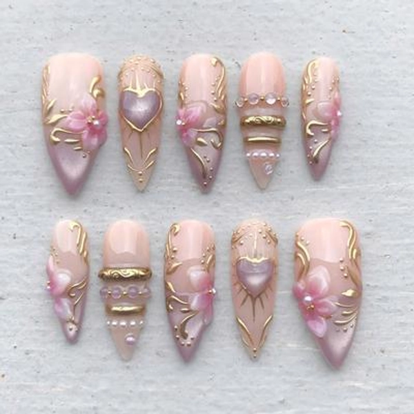 Handmade Pink Purple Cat Eye Heart Gold Line Pearl Long Stiletto Press On Nails