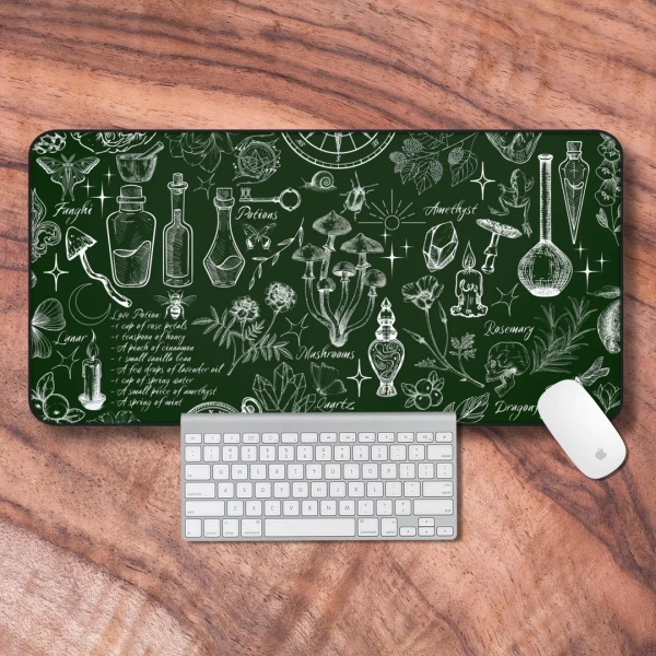 Desk Mat Green, Desk Mat Witchy, Aesthetic Green Gaming Mouse Pad, Doodles Deskmat, Pretty Office Decor - Etsy