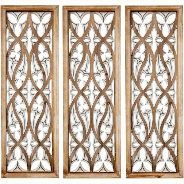 3 Peças de Decoração de Parede em Madeira Entalhada, Arte Vintage Rústica para Casa de Campo, Sala, Quarto e Escritório