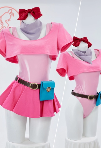Bulma Derivative Pink Bodysuit and Crop Top with Mini Skirt and Waist Bag Cosplay Costume