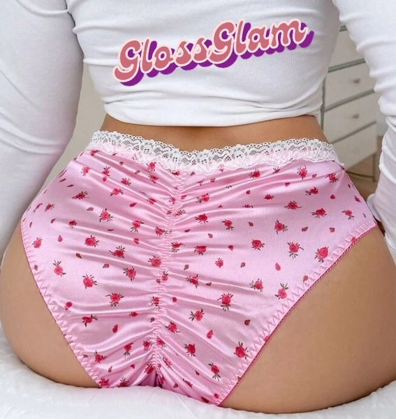 Damen-Satinhöschen Blumendruck rosa seidiges Gefühl atemberaubende Details Übergröße X