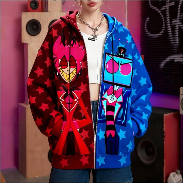 Hazbin Hotel Alastor Vox Hoodie, Red Blue Star Split Zip Hoodie, Demon Cartoon All Over Print, Hazbin Fan Gift