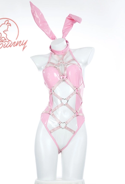 Valentine's Day Bunny Girl Lingerie Set Pink Transparent Bandage Heart Buckle Bodysuit with Hand Ring Headband