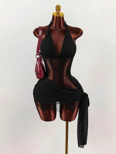 Amplova Vestido mini de mujer de encaje y tul, adecuado para fiestas y banquetes, con dobladillo envolvente y con volantes, cuello en pico con contraste de encaje de malla, lindo para otoño/invierno, Año Nuevo