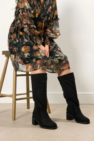 Yours Black Faux Suede Block Heel Knee High Boots In Wide E Fit & Extra Wide EEE Fit