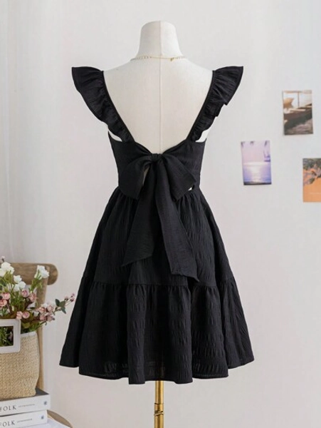 Soleia Cute Black Dress: Women's Ruffle Tie Back Mini Sun Dress For Summer