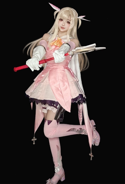 FSN Illya Cosplay Costume Pink Top Skirt Set with Sleeves Gloves