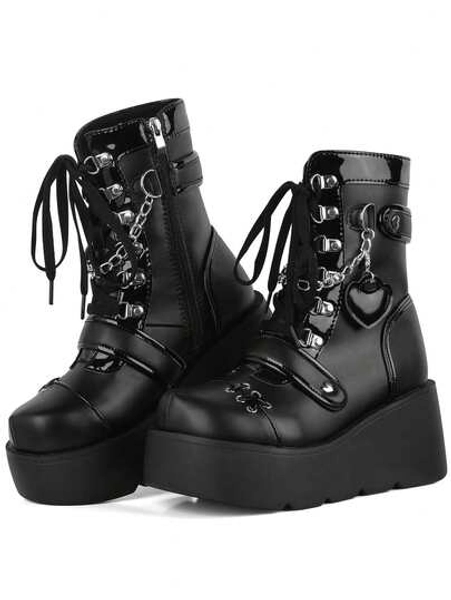 Goth Punk Women's Chain Platform Boots Platform Wedge Ankle Boots Goth Patent Lace Up Boot Chain Strappy Booties Lace Up&Zipper Combat Boots