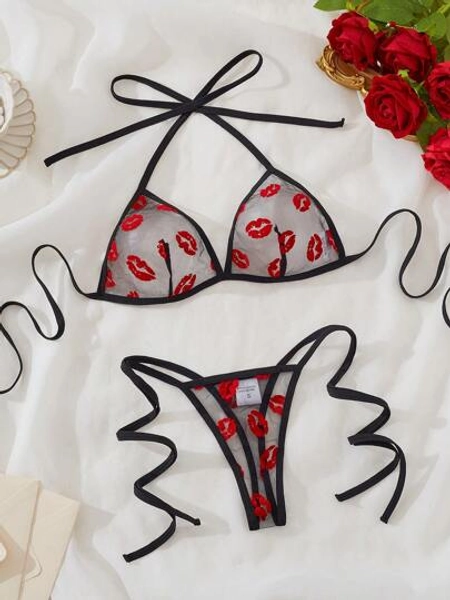 2pcs/Set Floral Lace Sexy Lip Print Flocked Lingerie Set, Halter Tie Bra And Hollow Out Thong, Intimate Apparel For Women, Suitable For Dates For Going Out