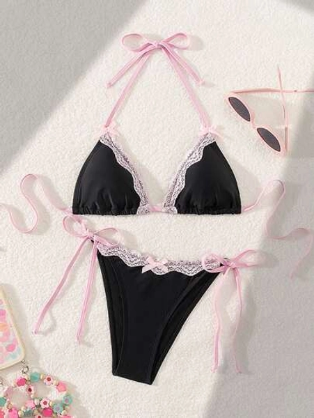 Swim Mod Sexy & Cute Lace Bow Accent Triangle Bikini For Bikini Party Summer