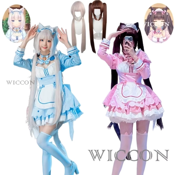Disfraz de NEKOPARA Vol.4, disfraz de Anime de chocolate, vainilla, peluca Nekomimi, vestido de sirvienta Lolita para Halloween, color rosa y azul - AliExpress