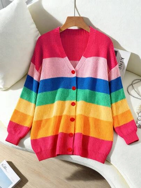 EMERY ROSE Button Front Drop Shoulder Rainbow Stripe Cardigan,Ladies Spring/Fall Casual Button Drop Shoulder V Neck Oversized Multicolor Rainbow Stripe Women Cardigans,Casual Daily Wear,Long Sleeve Tops