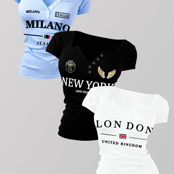 Slim-fit Bodycon 3pcs Value Pack with Milan, Italy, New York, London Art Prints. Women's Hot-looking Outfit Featuring a Button-up, Sexy, Non-V-neck T-shirt Design. A Revealing Y15K Short-sleeve Top Suitable for All Seasons: Spring, Summer