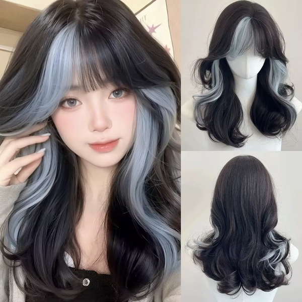 Peluca ondulada sintética corta con reflejos negros y azules con flequillo, peluca esponjosa resistente al calor para mujer para fiesta diaria, Cosplay de Lolita - AliExpress 