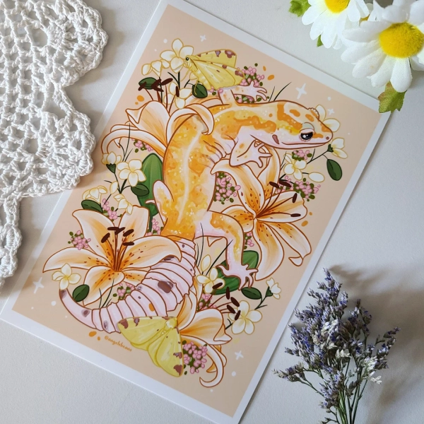 Leopard Gecko With Lilies Blossoms and Moths 5×7 Art Print | Reptiles | Gecko Art | Wall Art Gift | Home Decor | Reptile Decor | Postcard - Etsy Canada