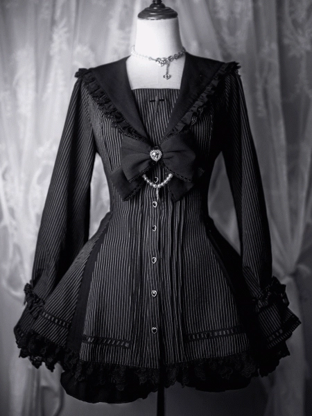 [$69.00]Jirai Kei Black Striped Gothic Coord Set: Sailor Collar Top with Bell Sleeves & Lace Threading + Matching Shorts