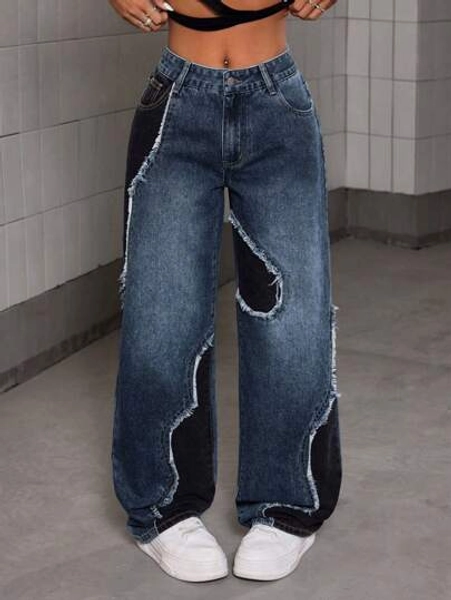 SHEIN EZwear Women's Casual Street Patchwork Raw Edge Loose Wide-Leg Baggy Jeans - Size 27
