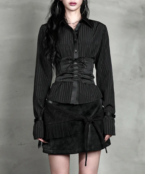 SATIN MIX CORSET SHIRT #BLACK STRIPE