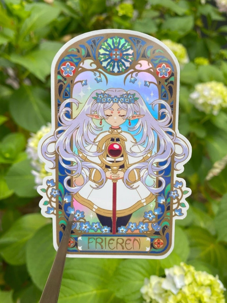 Frieren Holographic Sticker Anime Art Nouveau Style Fantasy Elf Girl Vinyl Sticker  Frieren: Beyond Journey’s End Fan Art