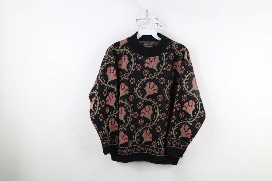 Vintage 90s Streetwear Womens Medium Faded Flower Tapestry Knit Sweater USA