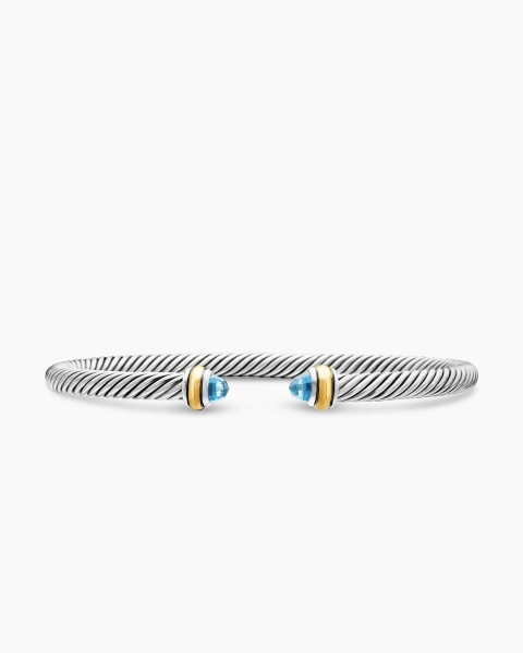 Classic Cable Bracelet in Sterling Silver with 18K Yellow Gold and Blue Topaz, 4mm