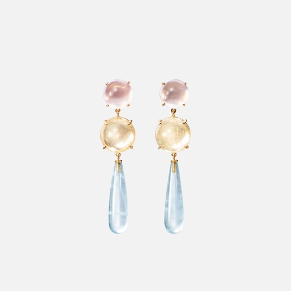 Lotus Earrings w. rose quartz, rutile and aqua.drops 22x6mm