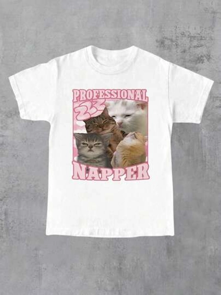 INAWLY Women Cat Print Loose Fit Short Sleeve Round Neck T-Shirt