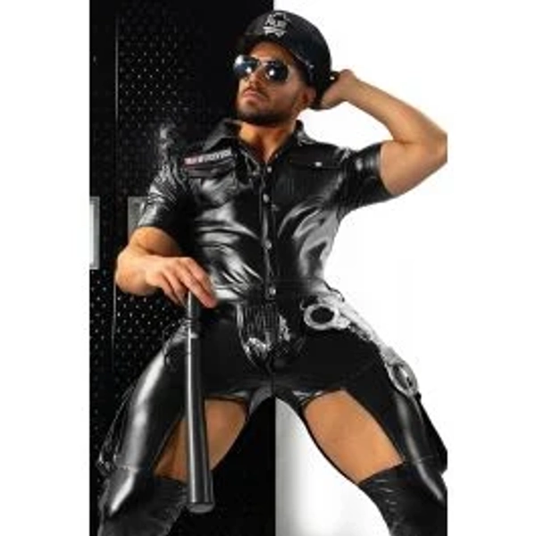 Police Costume Faux Leather Cop Jumpsuit Officer Uniform - Black - Medium