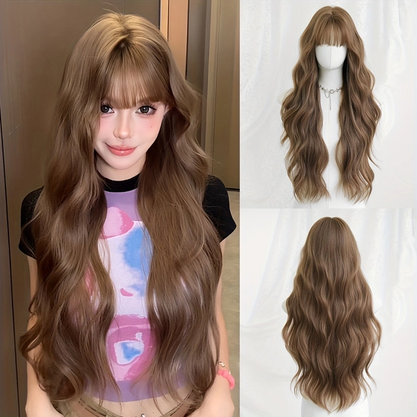 7JHH WIGS Women' Long Loose Wave Synthetic Wig with Bangs - Brown Heat-Resistant High-Density Hair, 30-Inch for Daily Use, Parties & Festivals (Suitable for Skin Tones/Casades/Music Events)