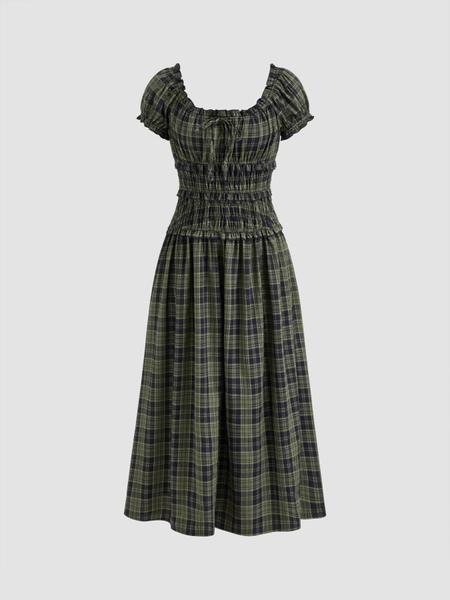 Square Neck Plaid Lettuce Trim Shirred Knotted Maxi Dress