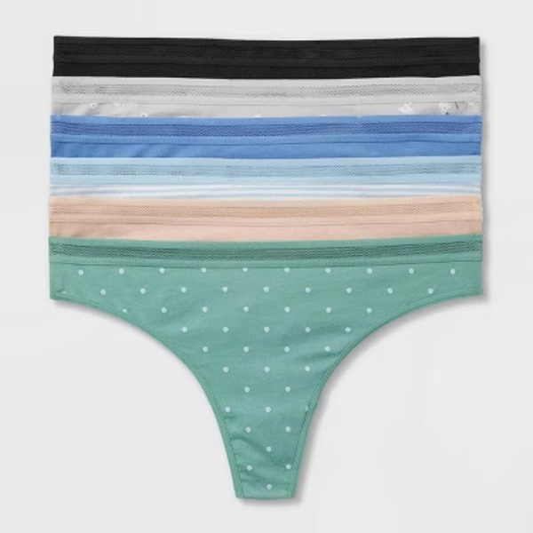 6pk Cotton Stretch Thong - Auden™ Assorted Color M: Low Rise, Solid & Polka Dots, Knit Jersey, Machine Washable