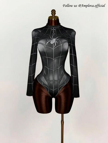 Amplova Y2K Amplova Women's Spider Print Long Sleeve Stand Collar Bodysuit, Dark Fashion Style Women Bodysuit Halloween Bodysuit Spiderweb Bodysuit