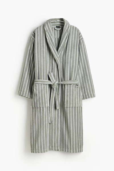 Cotton terry dressing gown - Sage green/Striped