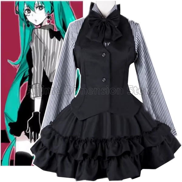 Miku Cosplay Costumes Poker Face Striped Top And Black Dress Anime Role Play Suit Halloween Carnival Party Dressing For Women