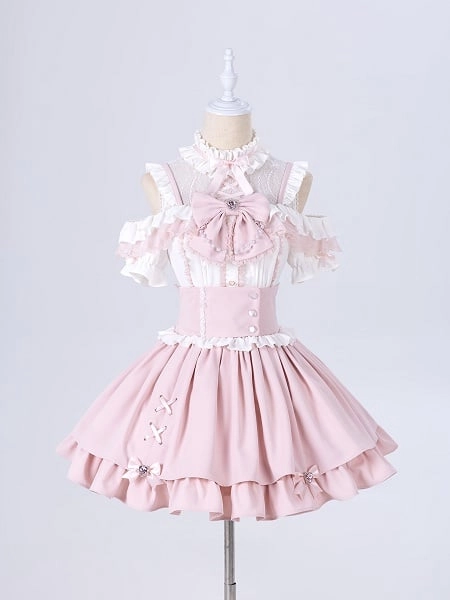 Sweet Pink Jirai Kei High Waist Layered Skirt Smocked Elastic and Self-tie Bow Back