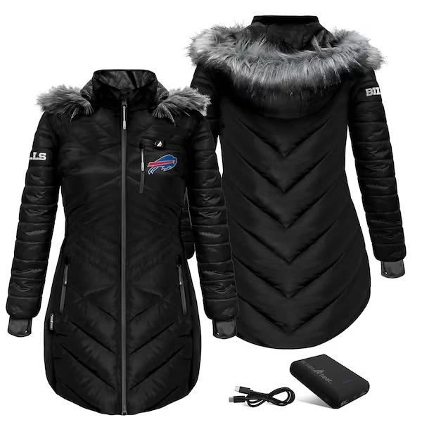 Women's Buffalo Bills ActionHeat Black 5V Battery Heated Long Puffer Jacket