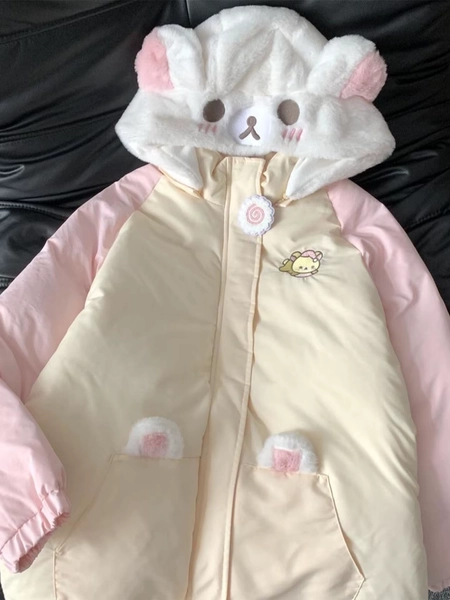 Jaqueta de Algodão Grossa Kawaii Bear para Mulheres, Casaco Quente e Fofo com Capuz, Estilo Pão, Ajuste Solto, Fechamento com... - AliExpress 