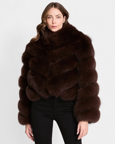 Brown Fox Fur Jacket with Vertical Panels: Fursource.com